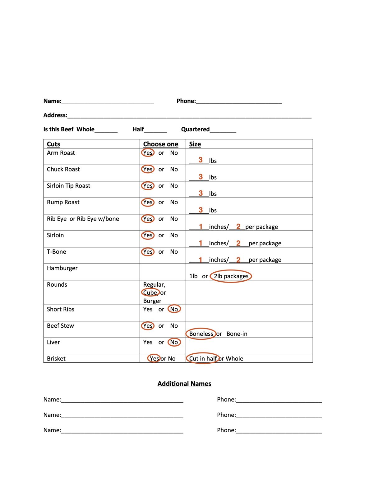 Example Cut Sheet - Miller Beef and Cattle